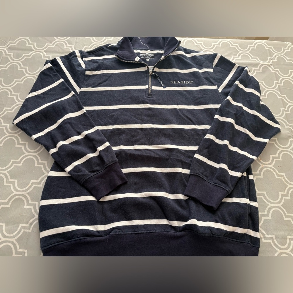 SEASIDE 30 A Ladies Navy and White Striped 1/4 Zip Sweatshirt